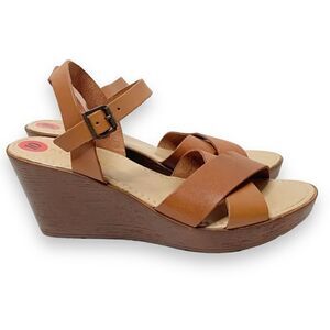 Mariella Women’s Leather Ankle Strap Wooden Wedge Cross Straps Tan Sandal Sz 10M